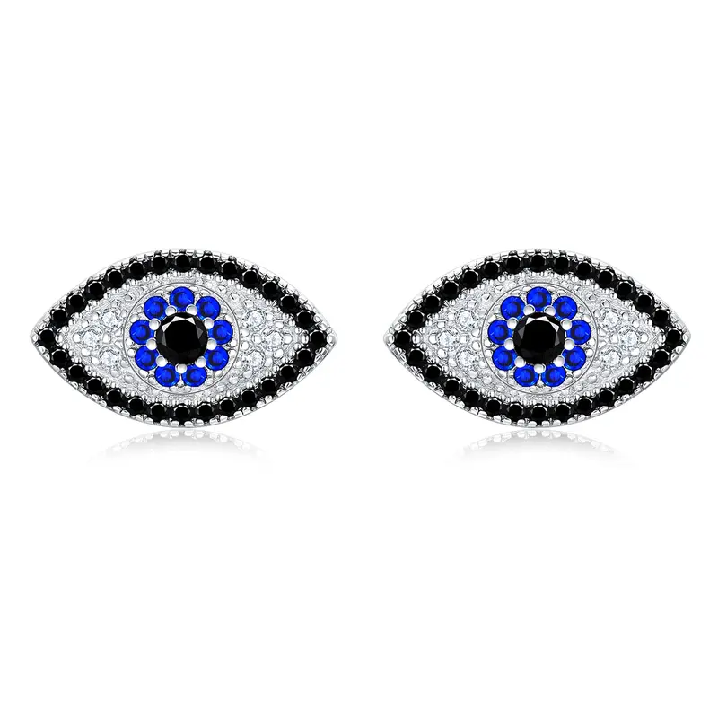Sterling Silver Circular Shaped Cubic Zirconia Evil Eye Stud Earrings