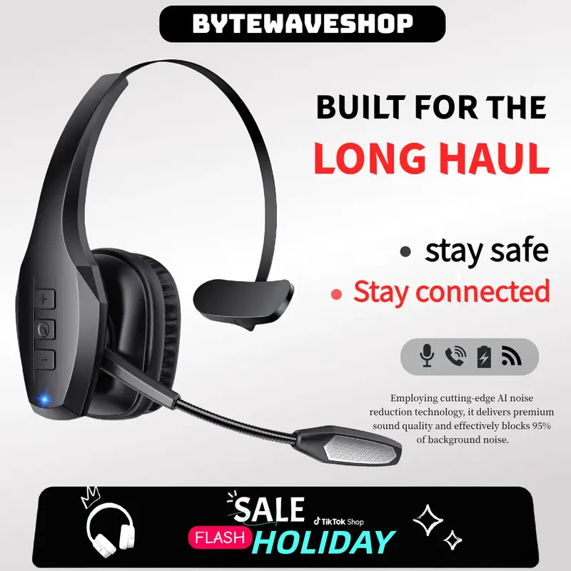 Bytewaveshop Trucker Bluetooth Headset, Wireless  with Mic,Bluetooth Headset with Dual Noise Cancelling Microphone & Mute But...