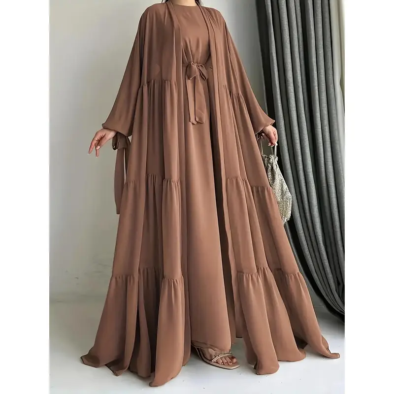[1pc Elegant Abaya with Vest] 1pc Elegant Middle Eastern Abaya with Vest and Belt Set - Chiffon Long Sleeve H-Line Robe with ...