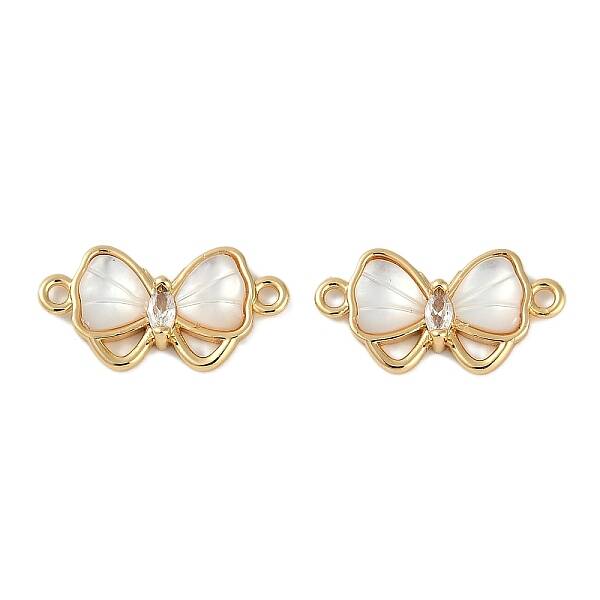 Brass Clear Cubic Zirconia Pave Natural Shell Bowknot Connector Charms