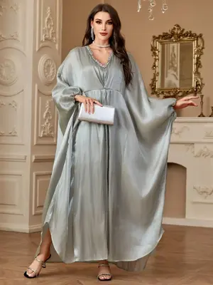 Women's Plain Batwing Sleeve Long Sleeve Dress, Elegant Rhinestone Decor V Neck A Line Dress for Party Holiday Wedding Guest,...