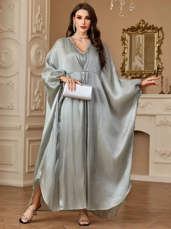 Women's Plain Batwing Sleeve Long Sleeve Dress, Elegant Rhinestone Decor V Neck A Line Dress for Party Holiday Wedding Guest,...