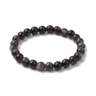 Natural Silver Obsidian Round Beaded Stretch Bracelets