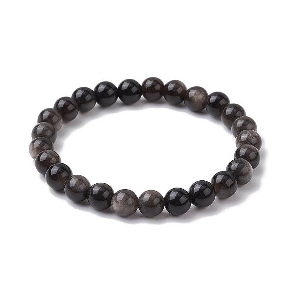 Natural Silver Obsidian Round Beaded Stretch Bracelets
