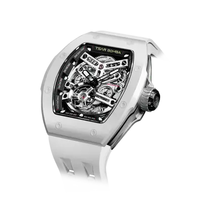 TSAR BOMBA Men's Automatic Watch | White | Skeleton Mechanical Wristwatch | Stainless Steel Case | 5ATM Waterproof Luxury Spo...