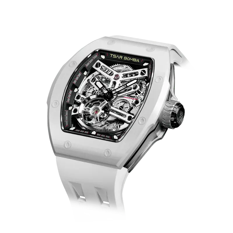 TSAR BOMBA Men's Automatic Watch | White | Skeleton Mechanical Wristwatch | Stainless Steel Case | 5ATM Waterproof Luxury Spo...