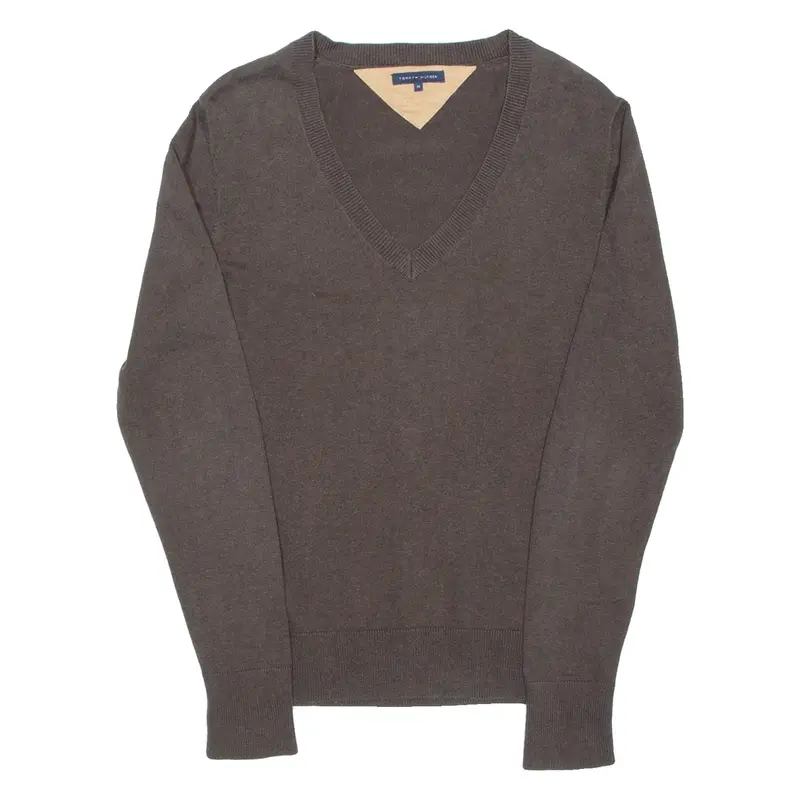 TOMMY HILFIGER Womens Jumper Brown V-Neck Tight Knit M