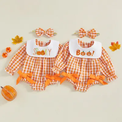 Infant Baby Girl Plaid Romper Fall Halloween Pumpkin Embroidery Bow Long Sleeve Bubble Jumpsuit with Headband