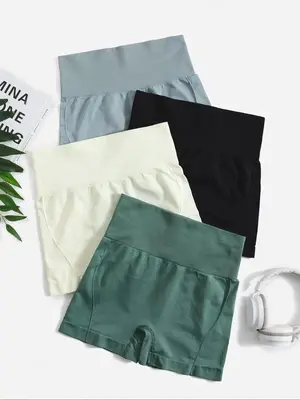 Women's Solid High Waist Sports Shorts, Casual Comfy Breathable Seamless Yoga Shorts For Gym Workout Running, Ladies Summer S...