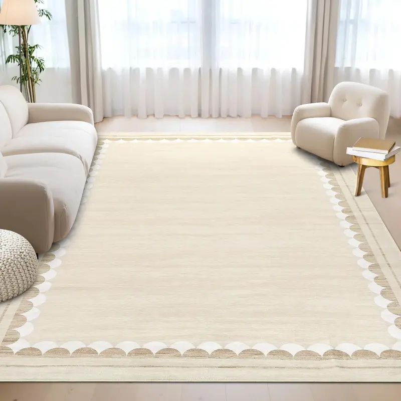 Garvee Washable 8x10 Solid Rug with Non-Slip Backing & Stain-Resistant, Polyester Low-Pile Scalloped Border for Living Room B...