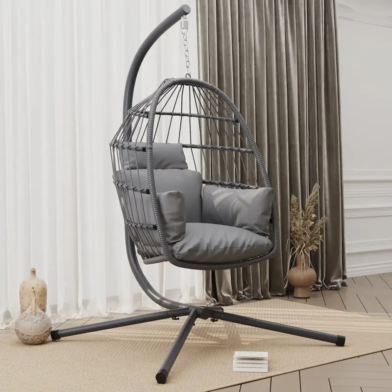 Foldable Hanging Egg Chair with Stand Up to 400lbs, Indoor Outdoor Wicker Egg Swing, All-Weather Rattan Egg Chair, No Rain Co...