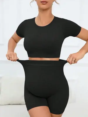 Women's Maternity Short Sleeve Crop Tee Yoga Shorts Set Two Piece Outfit