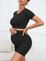 Maternity Solid Round Neck Crop Top & High Waist Shorts Two-Piece Set, Casual Short Sleeve Top & Skinny Shorts, Maternity Clo...