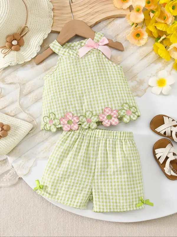 Cute Embroidered Floral Plaid Sleeveless Top and Pants Set for Baby Girls, Spring Summer, Adorable Design, Comfortable Fit, S...