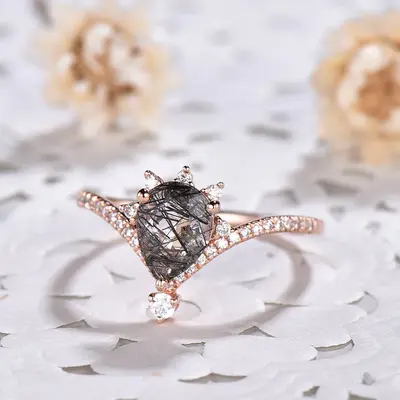 14K/18K  Unqiue Art Deco Black Rutilated Quartz Engagement Rings 1.2 CT