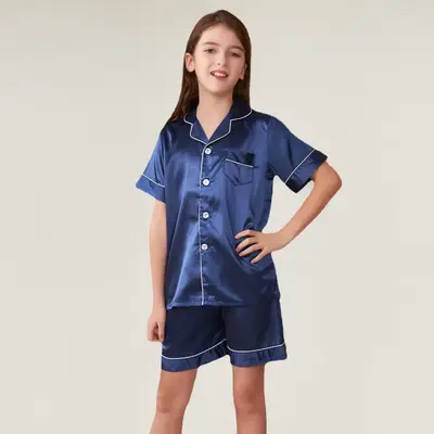 Premium Satin Pajama Set for Kids Baby Boys Girls Button-Up Loungewear Nightwear Gifts for Kids Shorts Casual Round Neck Paja...