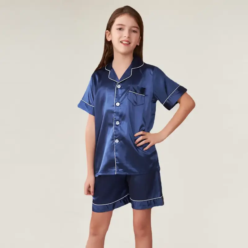 Premium Satin Pajama Set for Kids Baby Boys Girls Button-Up Loungewear Nightwear Gifts for Kids Shorts Casual Round Neck Paja...