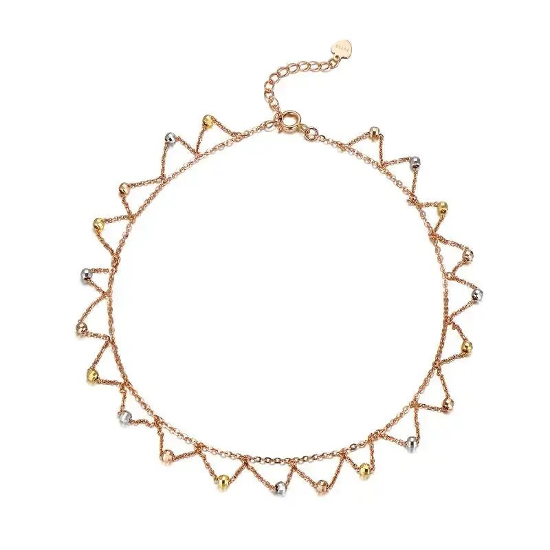 18K Silver & Gold & Rose Gold Sisters Single Chain Anklet For Women