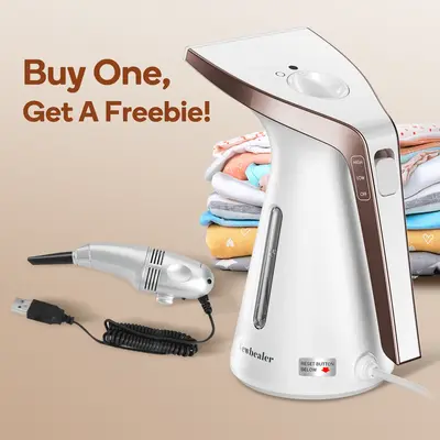 Newbealer Portable Handheld Clothes Steamer for All Fabrics, Bonus Mini Vacuum & Fabric Brush & Lint Remover