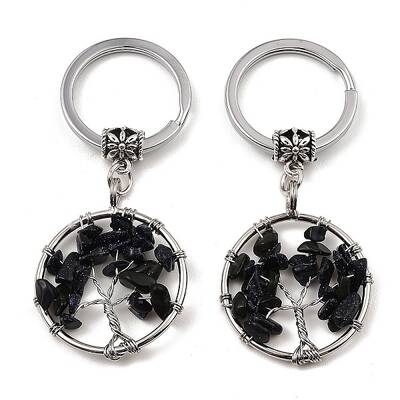 Synthetic Blue Goldstone Flat Round with Tree of Life Pendant Keychain