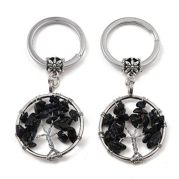 Synthetic Blue Goldstone Flat Round with Tree of Life Pendant Keychain