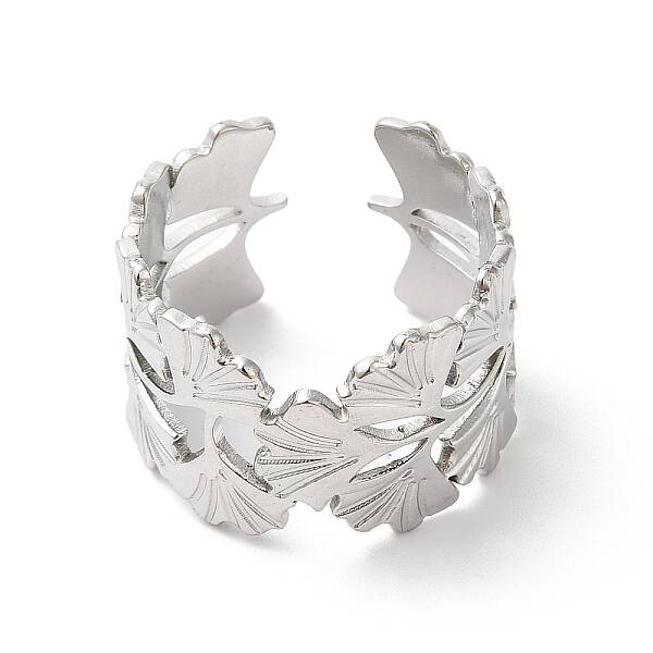 Non-Tarnish 304 Stainless Steel Gingko Leaf Open Cuff Ring for Women
