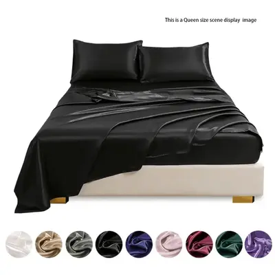 Solid Color Satin Bedding Set without Filler, 4 Counts Modern Stylish Summer Soft Bedding Set, Including Flat Sheet & Fitted ...