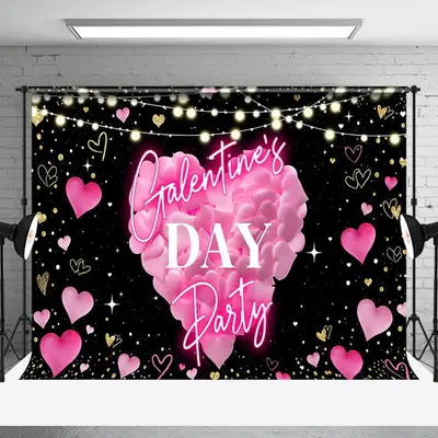 Black Pink Heart Light Galentines Day Party Backdrop - Aperturee