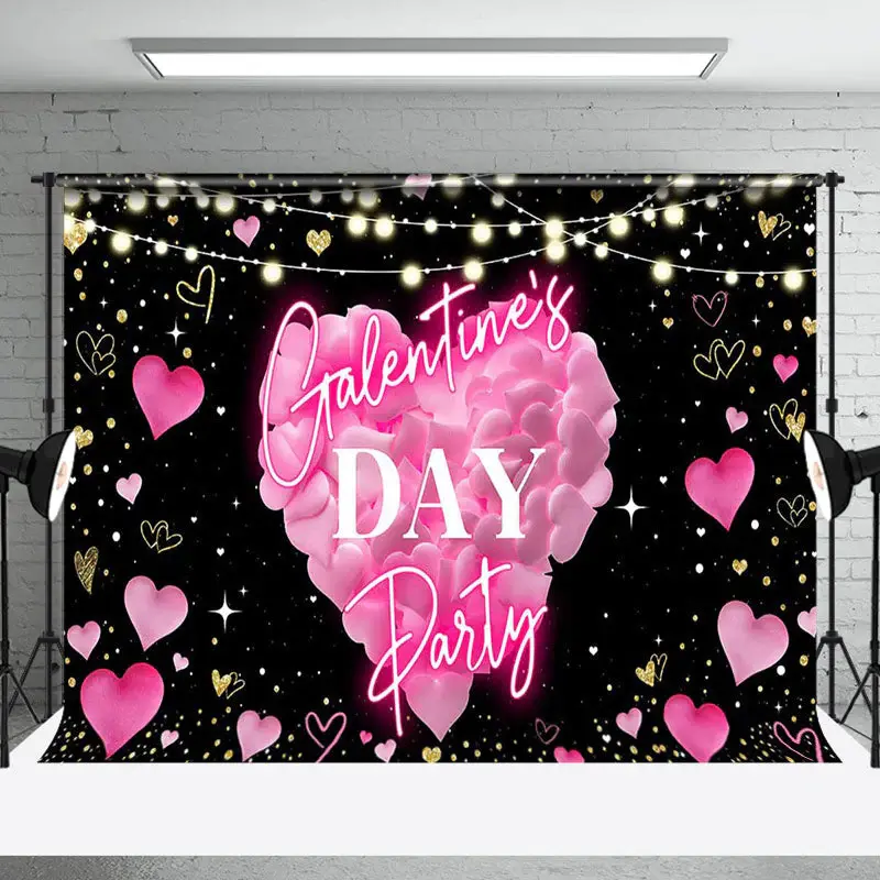 Black Pink Heart Light Galentines Day Party Backdrop - Aperturee