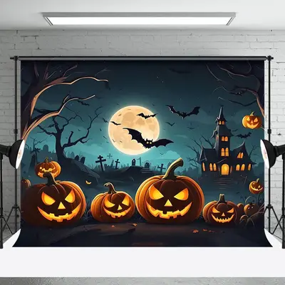 Aperturee Flying Bat Pumpkin Grave Forest Halloween Backdrop - Aperturee