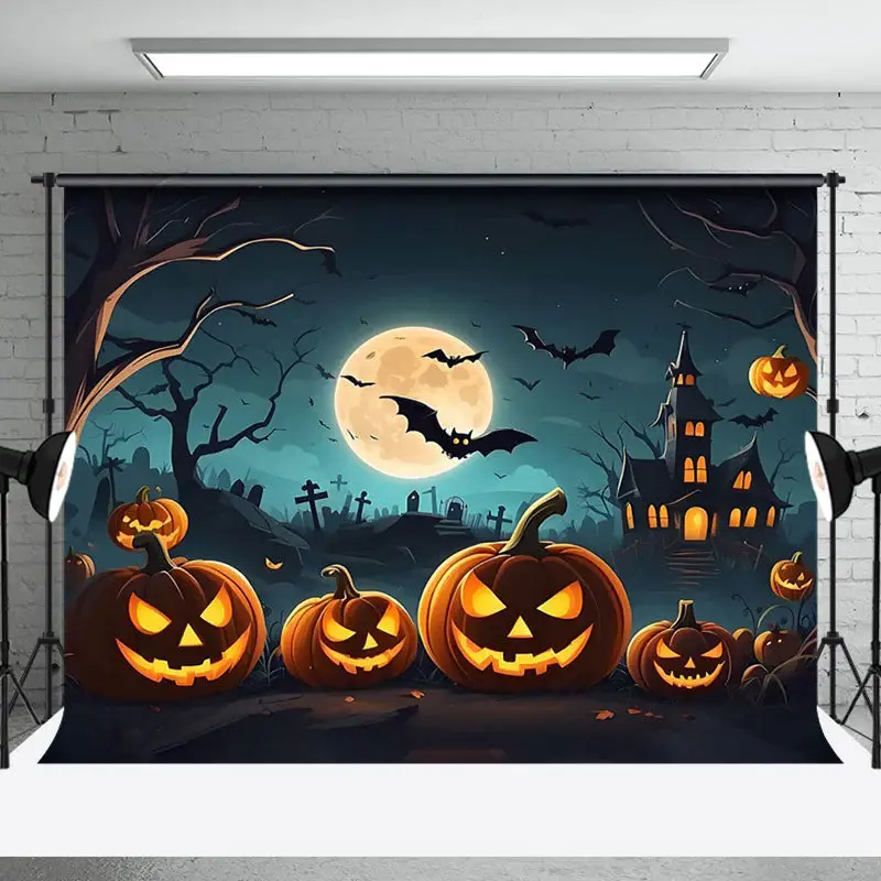 Aperturee Flying Bat Pumpkin Grave Forest Halloween Backdrop - Aperturee