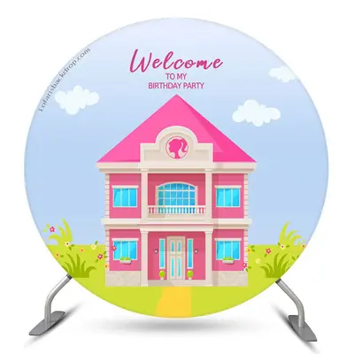 Aperturee Welcome Pink House Girl Circle Birthday Backdrop | Round Backdrop For Birthday Party | Round Backdrop Stand Covers ...
