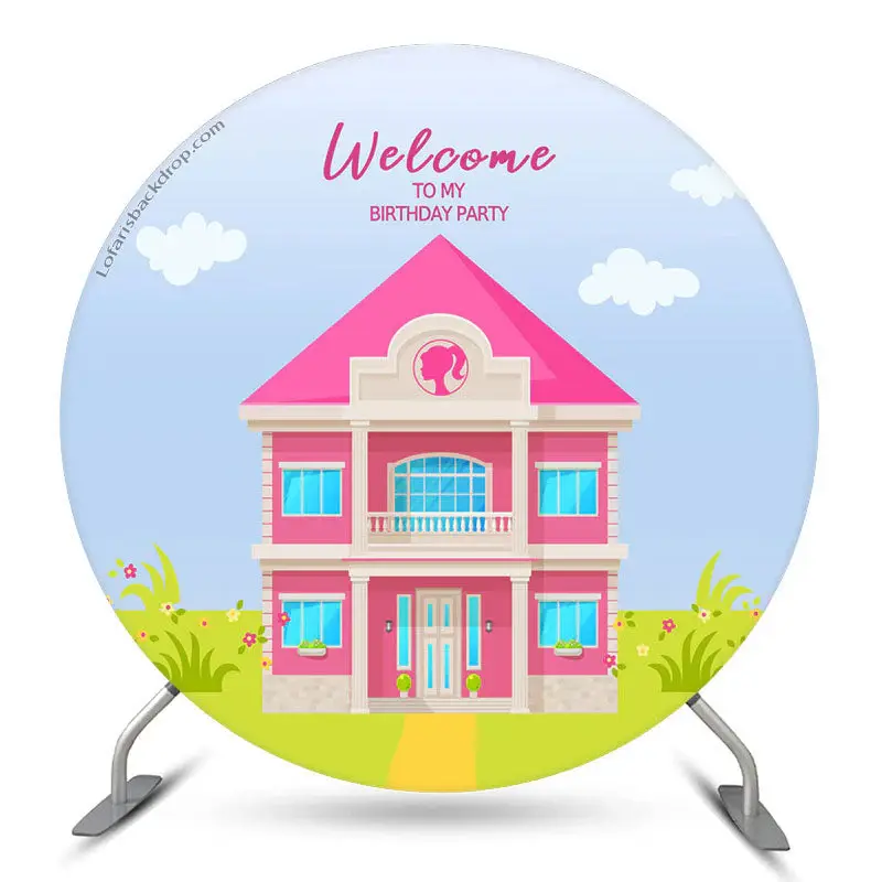 Aperturee Welcome Pink House Girl Circle Birthday Backdrop | Round Backdrop For Birthday Party | Round Backdrop Stand Covers ...