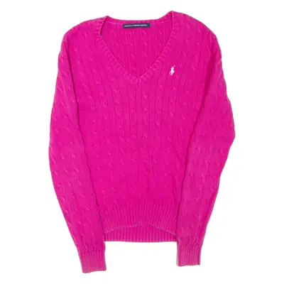 POLO SPORT RALPH LAUREN Womens Jumper Pink V-Neck Cable Knit M