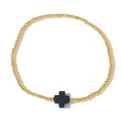 Cross Natural Gemstone & Brass Bead Stretch Bracelets for Women