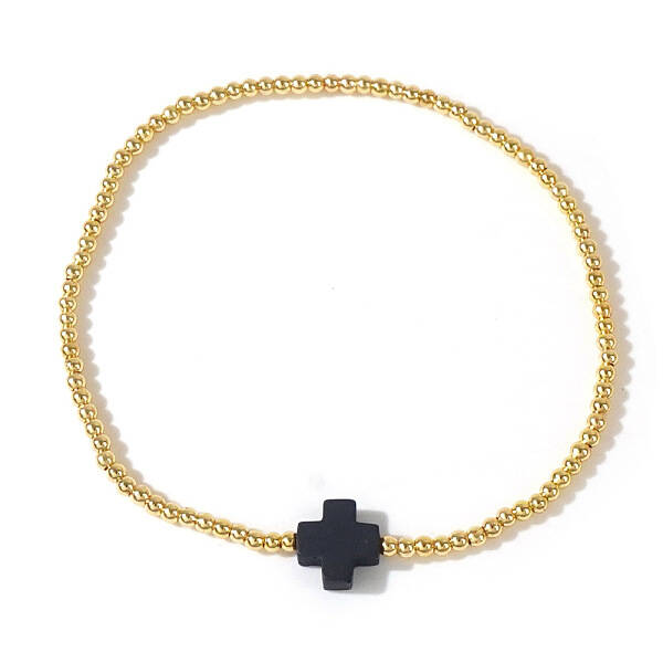 Cross Natural Gemstone & Brass Bead Stretch Bracelets for Women