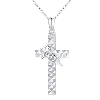 14K White Gold Cross Pendant Necklace with Engraved Word
