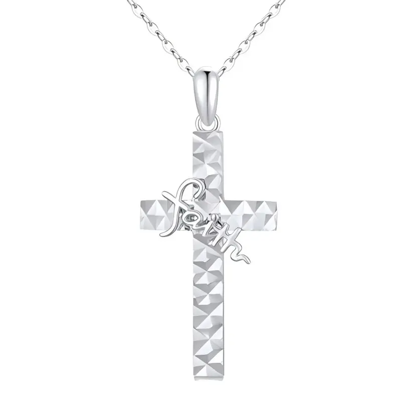 14K White Gold Cross Pendant Necklace with Engraved Word