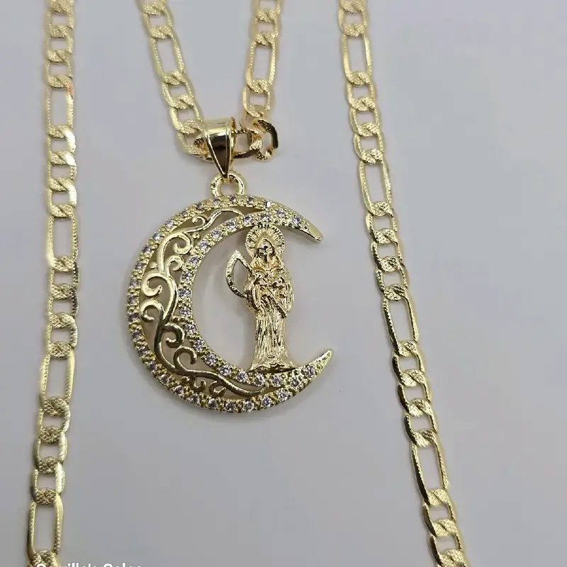 MOON WITH THE GRIM REAPER clear stone's figaro style gold-plated chain long size