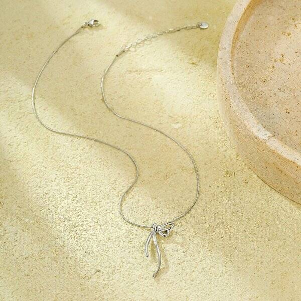 304 Stainless Steel Bowknot Pendant Snake Chain Necklaces for Women