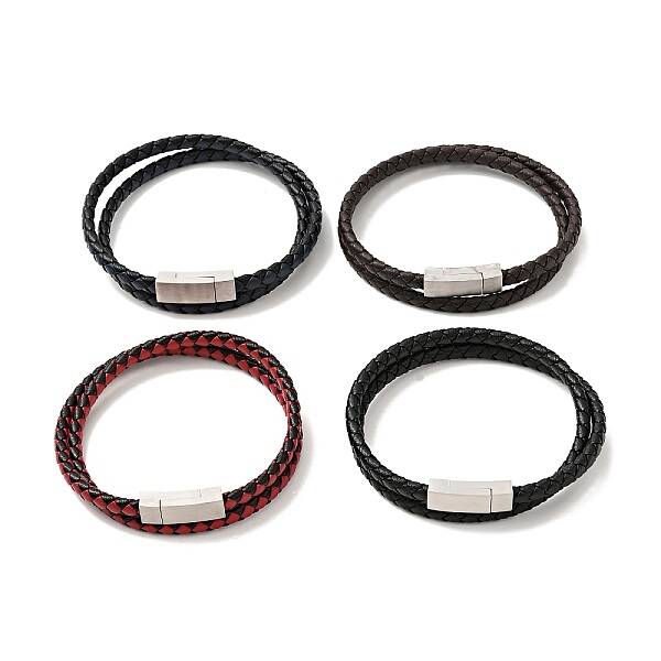 Microfiber Leather Braided Double Loops Wrap Bracelet with 304 Stainless Steel Magnetic Clasp for Men Women