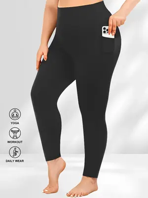 Plus Size Solid High Waist Leggings with Pocket, Summer Outfits, Casual High Stretch Skinny Pants for Women, Soft Comfortable...