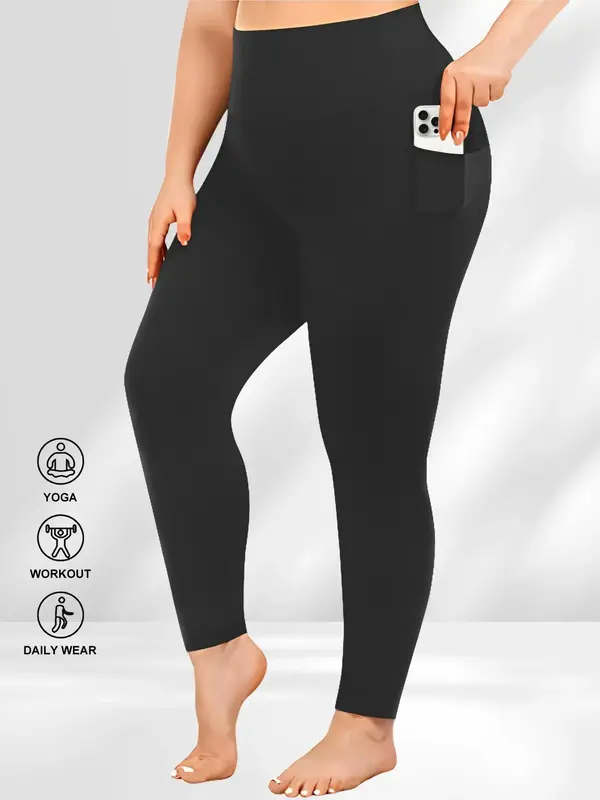Plus Size Solid High Waist Leggings with Pocket, Summer Outfits, Casual High Stretch Skinny Pants for Women, Soft Comfortable...
