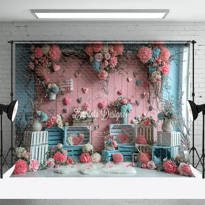 Flowers Pink Wooden Board Hearts Valentine Backdrop - Aperturee