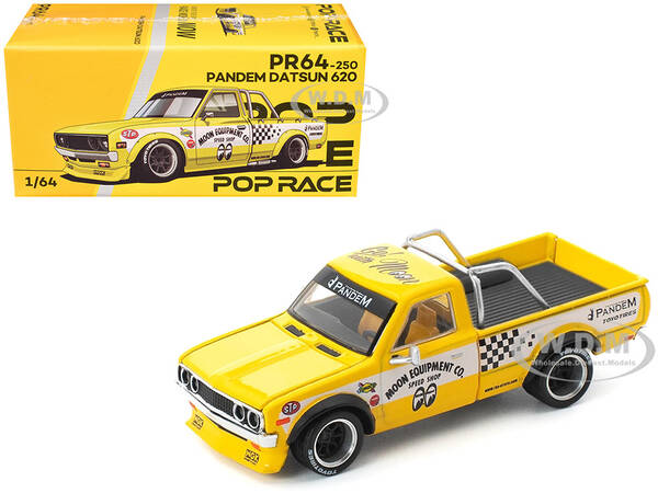 Datsun Pandem 620 Pickup Truck MoonEyes Yellow with White Sides and Graphics 1/64 Diecast Model Car by Pop Race