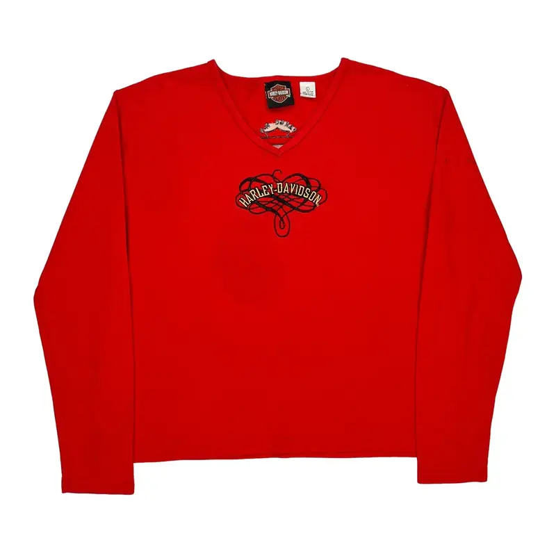 Harley Davidson Graphic Long Sleeve T-Shirt - Large Red Cotton