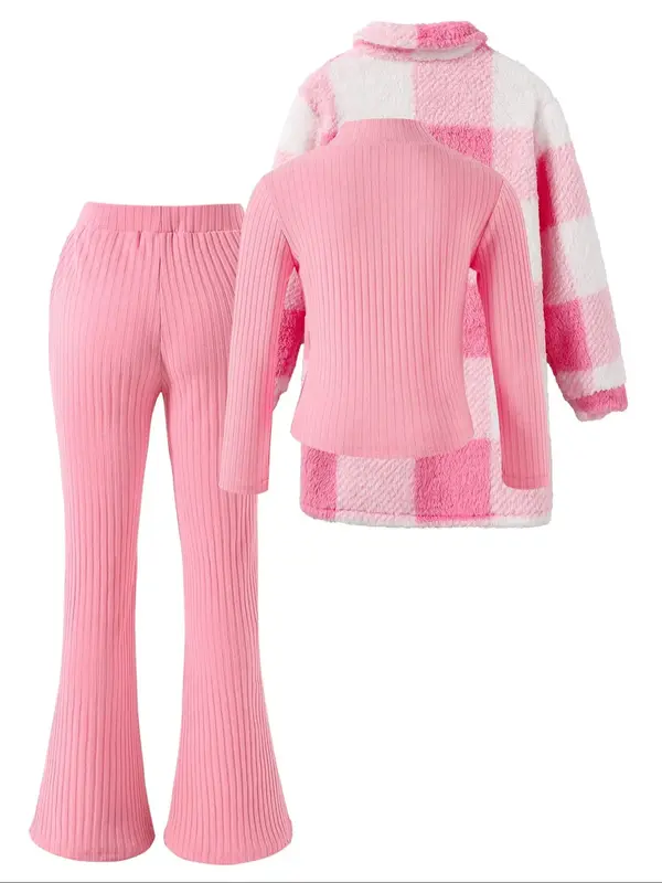 Three-piece Set Girl's Plaid Print Button Front Pocket Jacket & Plain Sweatshirt & Flare Leg Pants Set, Casual Long Sleeve Co...