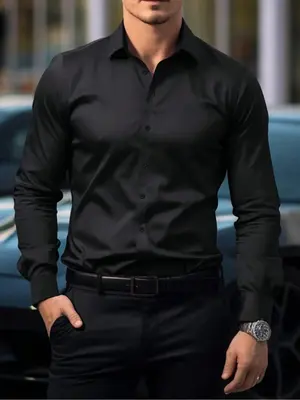 Men's Solid Button Front Shirt, Long Sleeve Collared Shirt for Business Formal Occasions, Fashion Men's Clothes for Spring & ...