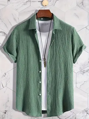 Men's Textured Button Front Shirt Without Tee & Necklace, Casual Short Sleeve Collar Shirt for Summer, Fashion Men's Top for ...