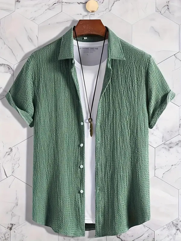 Men's Textured Button Front Shirt Without Tee & Necklace, Casual Short Sleeve Collar Shirt for Summer, Fashion Men's Top for ...